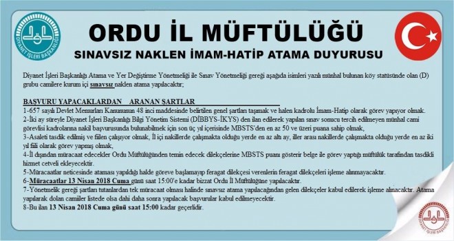 Ordu Müftülüğü Sınavsız 53 İmam Hatip Alacak